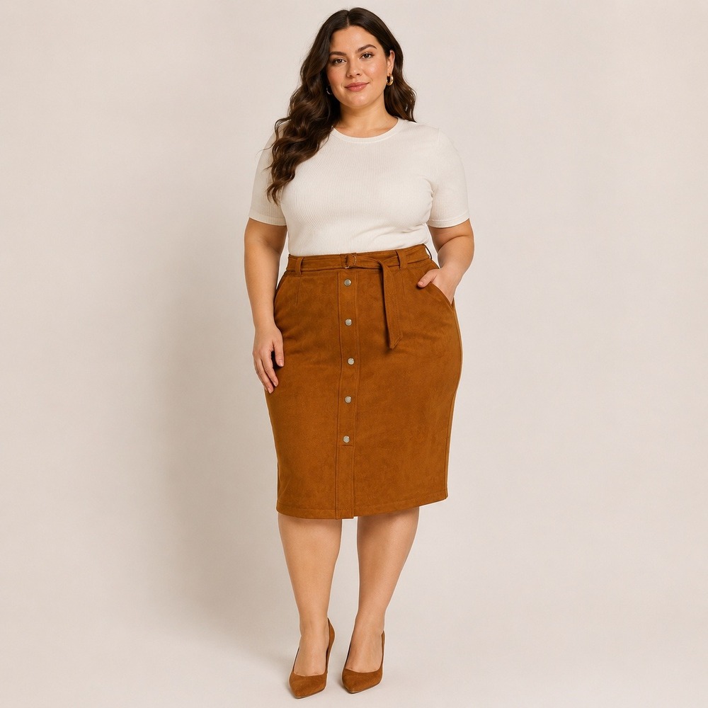 Andrew Marc NY Faux Suede Button Front Belted Pencil Skirt Brown 3X Chic Western